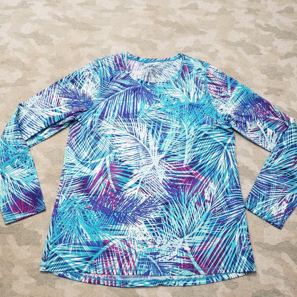 L.L.‎ Bean Top Womens Medium Blue Leaf Long Sleeve UPF 50 Sun Shirt Rash Guard